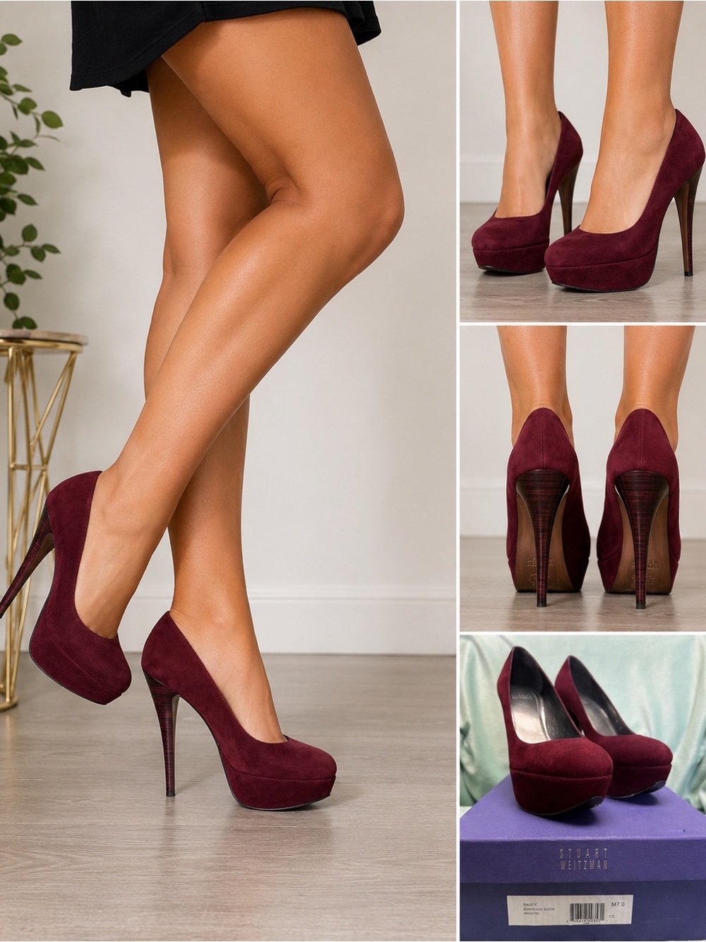Stuart Weitzman Saucy Bordeaux Suede Platform Pumps Heels Size 7 w/ Box